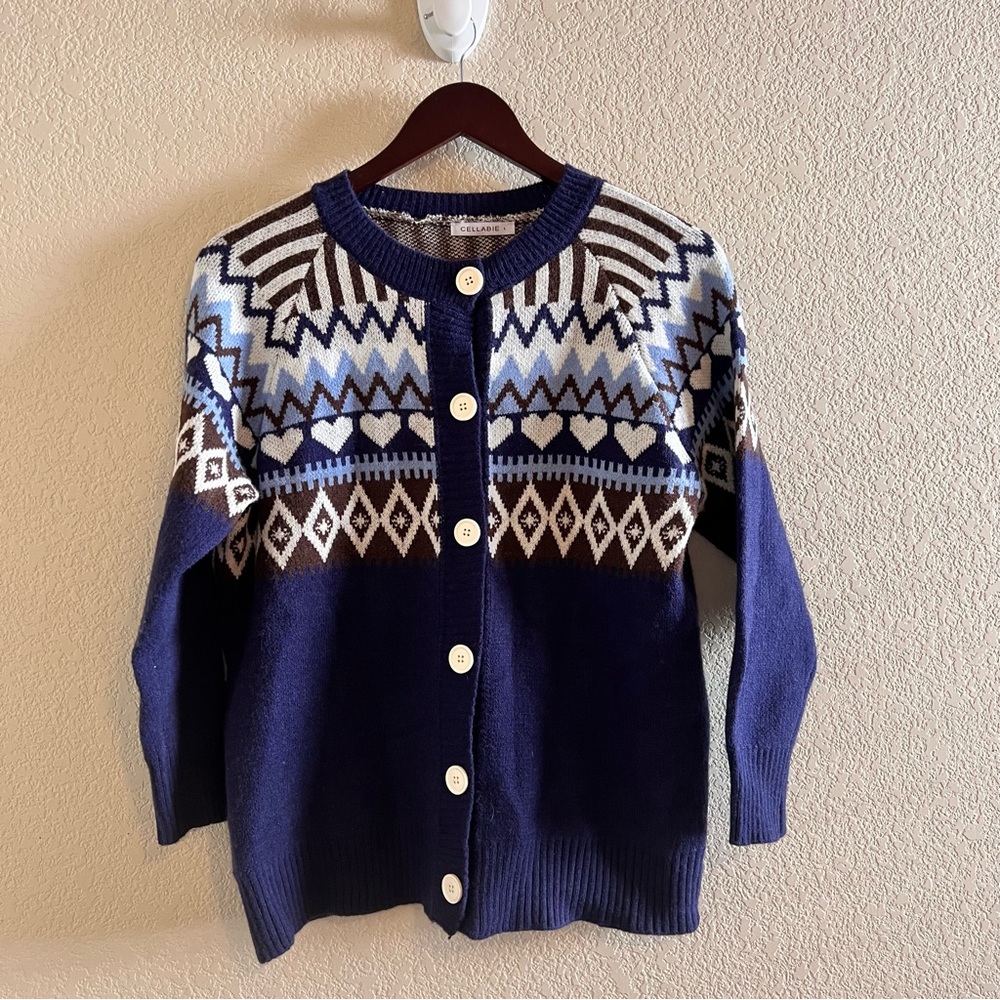 Cellabie Fair Isle Blue Sweater Cardigan Size Large